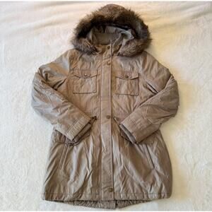 Buffalo David Bitton Womens Jacket Large Brown Parka Faux Fur Hooded Winter